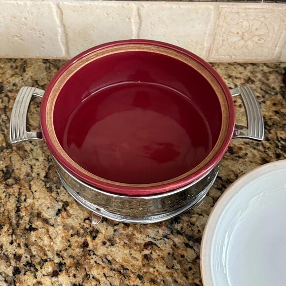 Red Round Ceramic Casserole Baking Dish w/Lid In Stainless Steel w/Handles USA - Picture 3 of 16